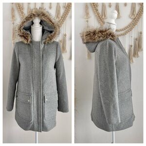 J. Crew grey wool coat hooded jacket faux fur vail parka winter cozy warm size 4